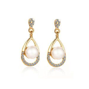 Inner Pearl Gold Dangle Drop Earrings Wedding Prom Date Night, GOLD